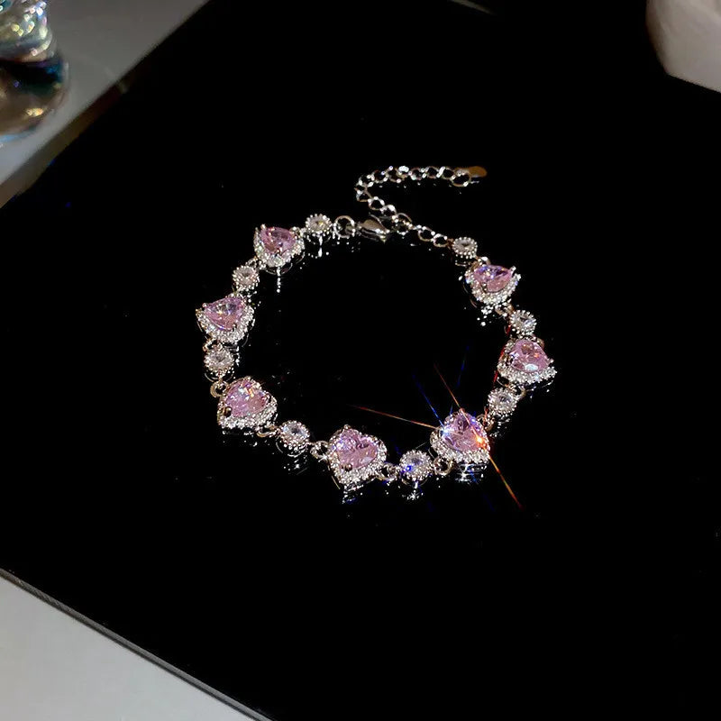 Pink Crystal and Diamond Hearts Bracelet
